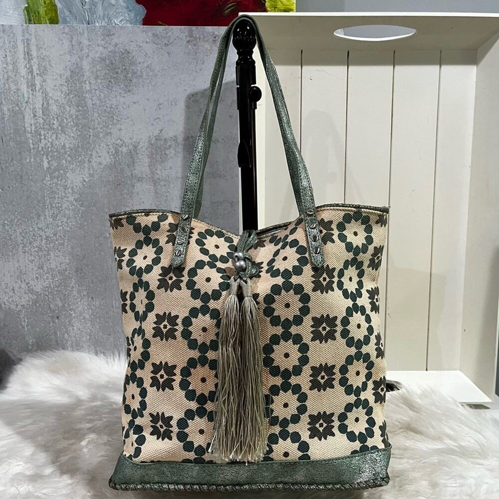 NEW Moroccan Boho Canvas Vegan Leather Whipstitched Sage Tan Tote Shoulder Bag